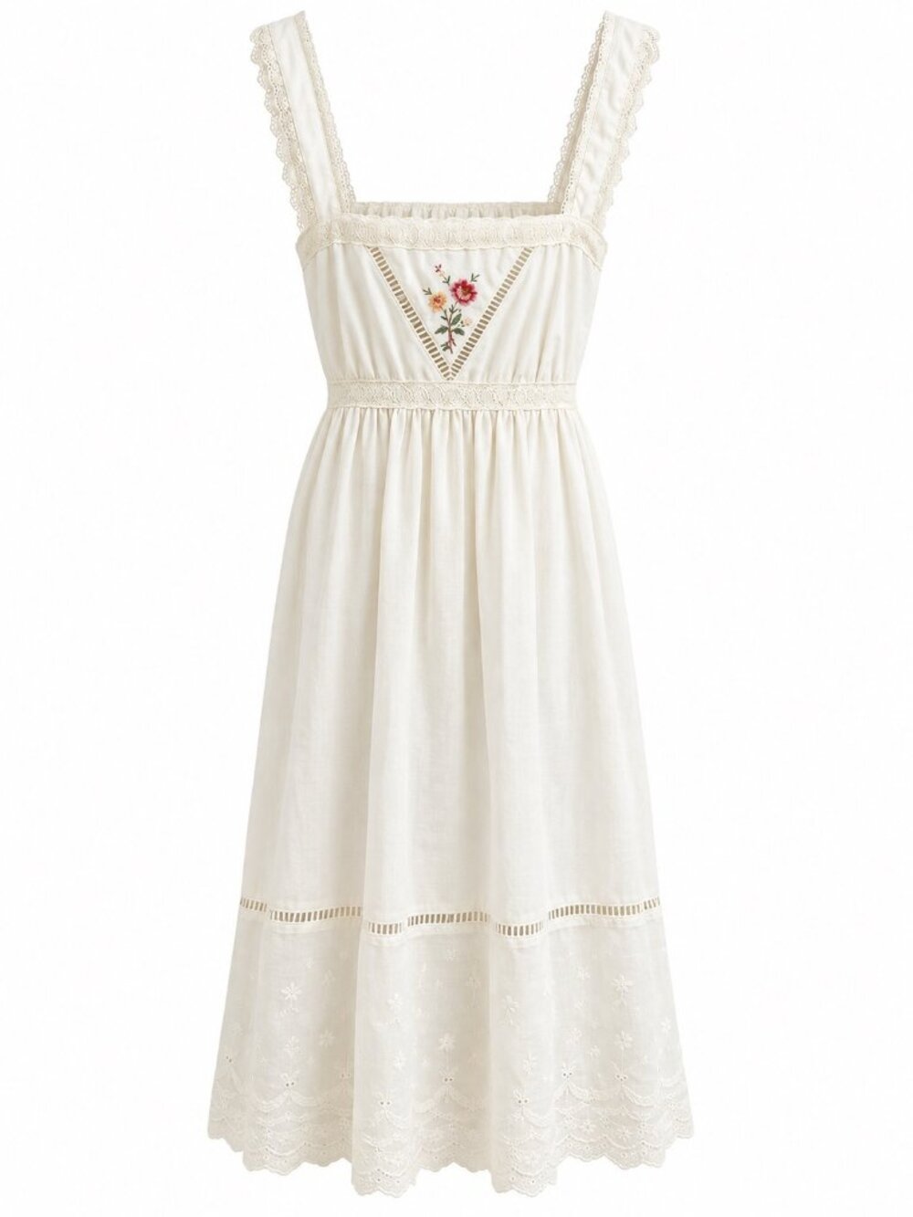 Vintage Young Edwardian Embroidered Ivory Juniors Midi Dress Lace Straps & Smock